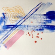 experimentation of colours, blue and pink dry brush strokes. red drips and yellow ink pen